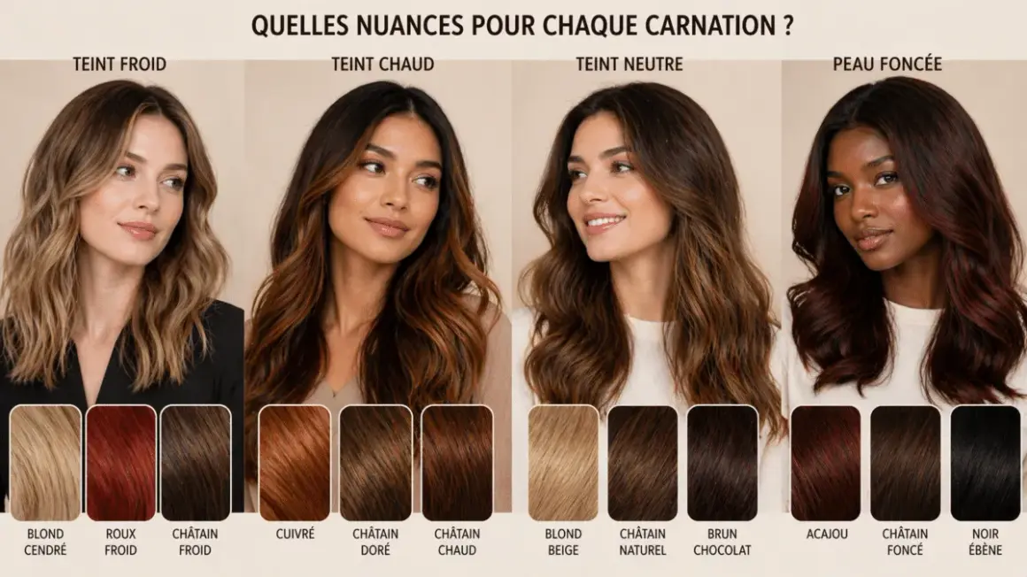 Guide de colorimétrie cheveux : 4 carnations (froide, chaude, neutre, foncée) avec des exemples de teintes capillaires pour chaque type de peau.