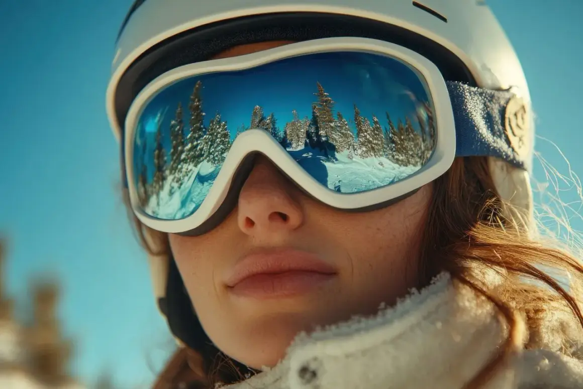 Reflet des sapins enneigés dans les lunettes d'une skieuse. Une coiffure pour le ski parfaite pour admirer le paysage.