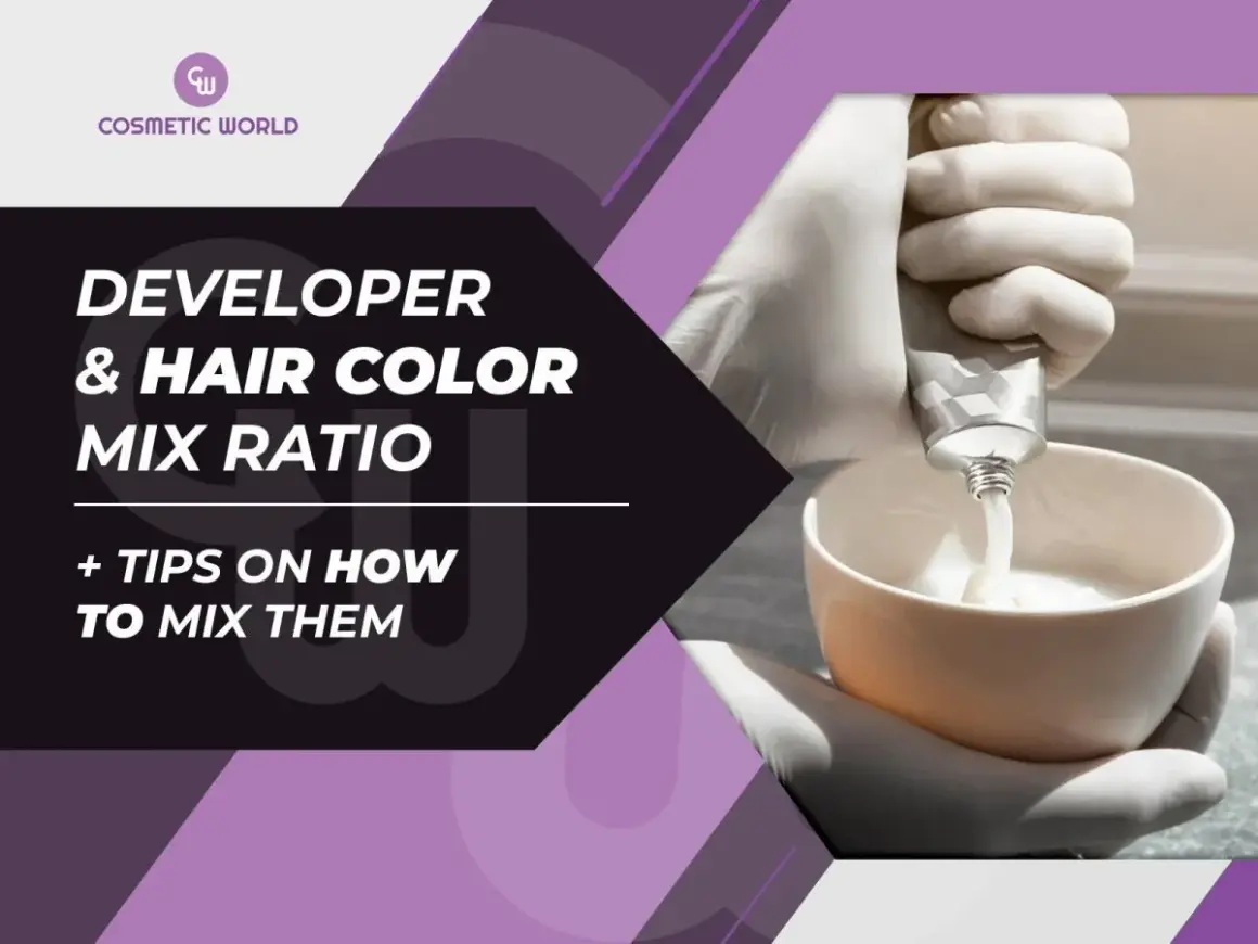 Mélange de coloration et de révélateur. Mains gantées versant le révélateur dans un bol pour le mélange. Le bon dosage révélateur coloration est essentiel.
