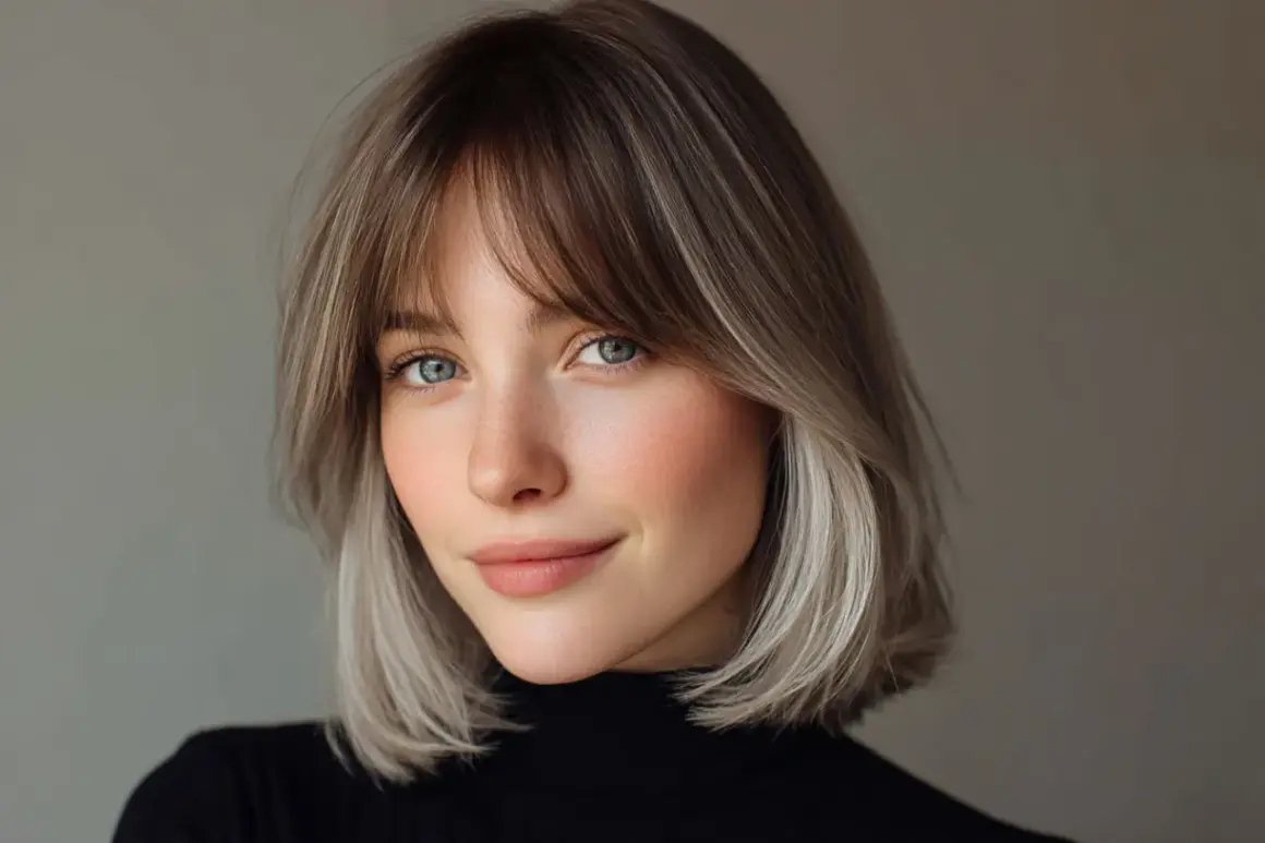 Jeune femme au regard bleu perçant, sa coupe de cheveux avec une meche rideau met en valeur son visage doux.