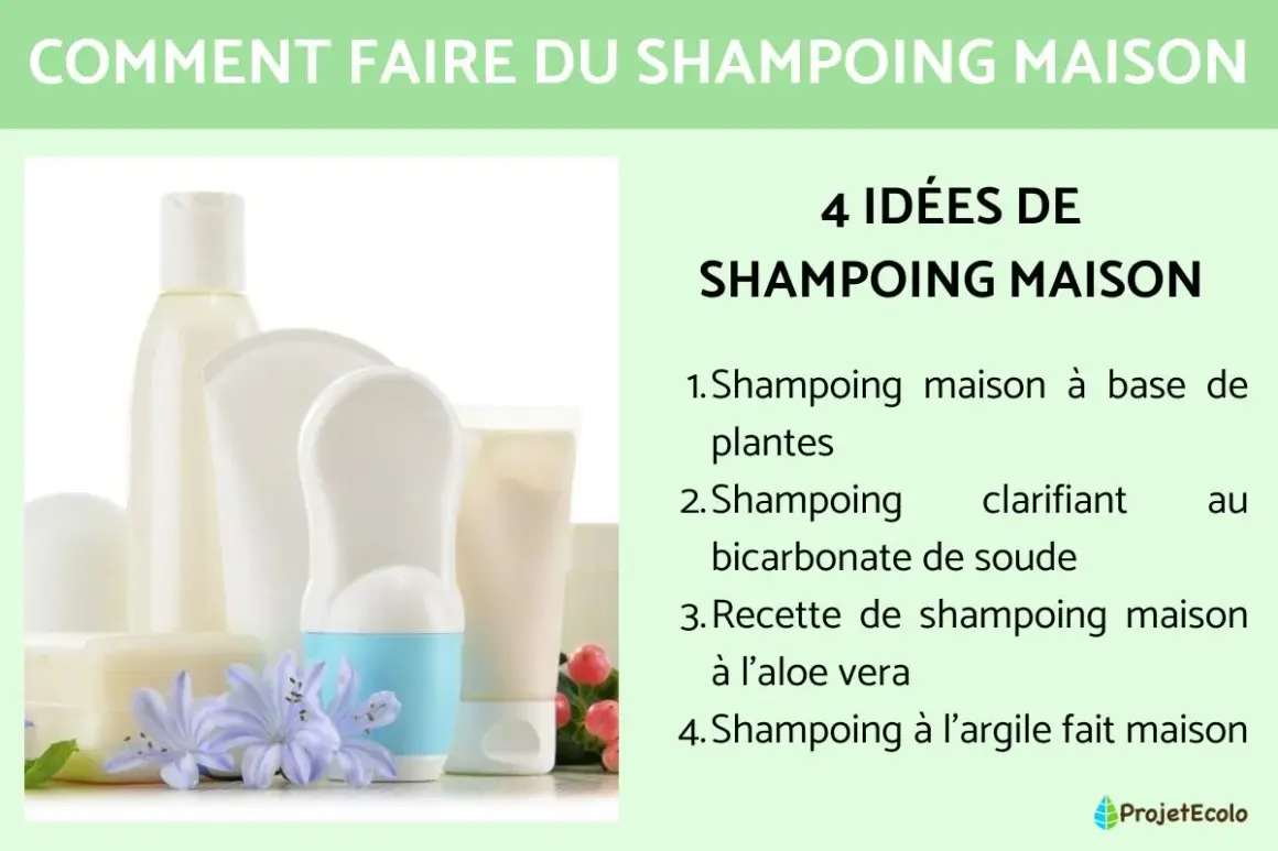 4 idées de shampoing maison, dont un shampoing clarifiant au bicarbonate de soude, présentées avec des flacons et des fleurs.