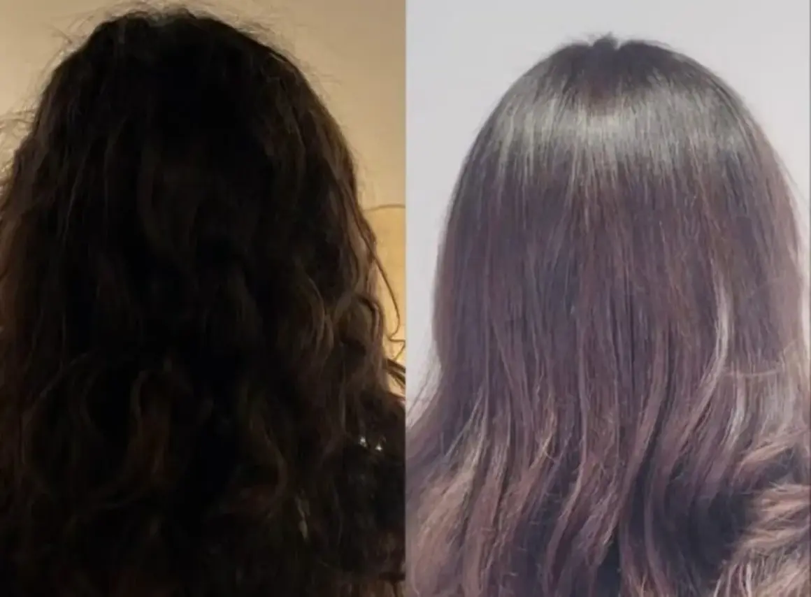 Avant/après : cheveux ternes et frisés transformés en une chevelure lisse et brillante grâce au soin botox cheveux.