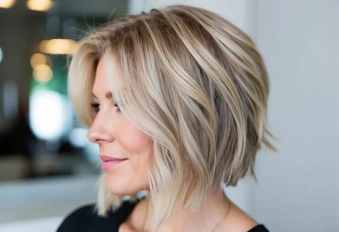 Une femme arbore un balayage cheveux court, avec des mèches blondes et châtain clair qui illuminent sa coupe dégradée.