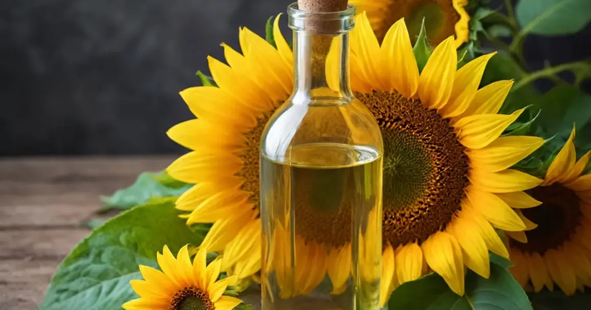 Bouteille d'huile de tournesol dorée, entourée de tournesols éclatants. Un ingrédient naturel pour des cheveux brillants et nourris.