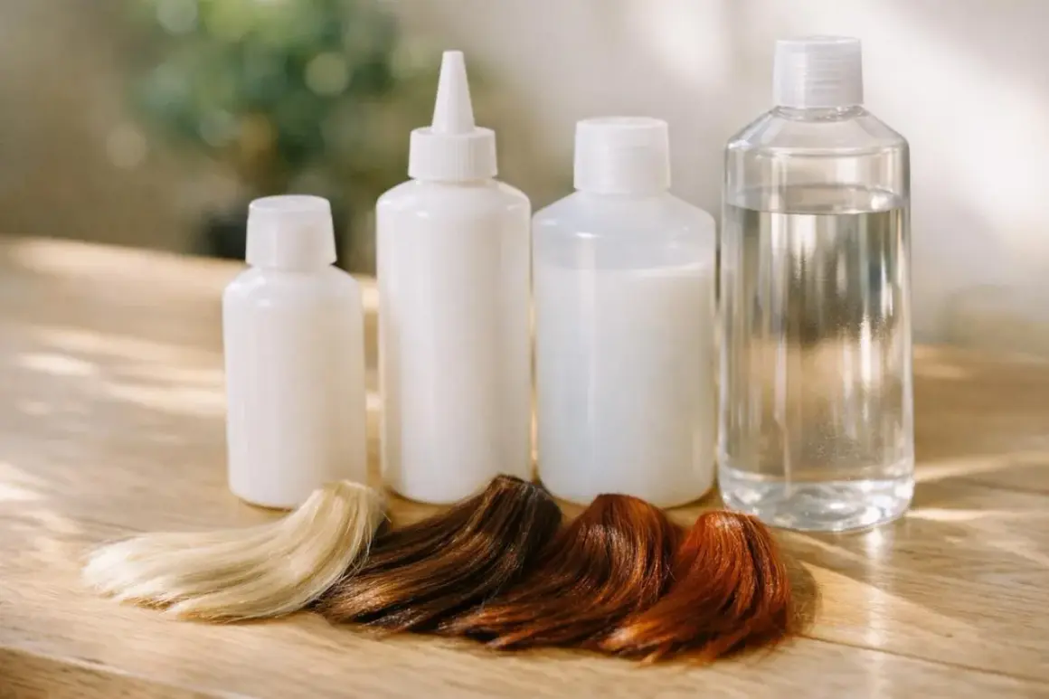 Échantillons de cheveux blonds, bruns et roux devant des bouteilles, prêts pour une coloration avec un oxydant.