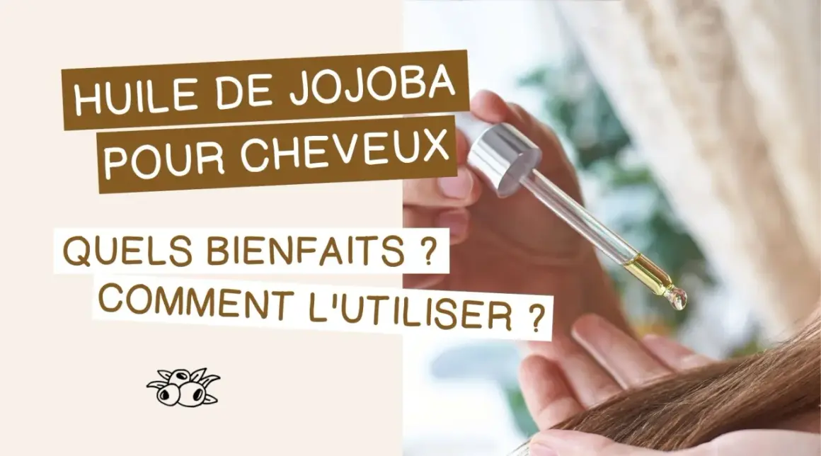 Goutte d'huile de jojoba cheveux tombant d'une pipette sur une mèche. Découvrez ses bienfaits et comment l'utiliser.