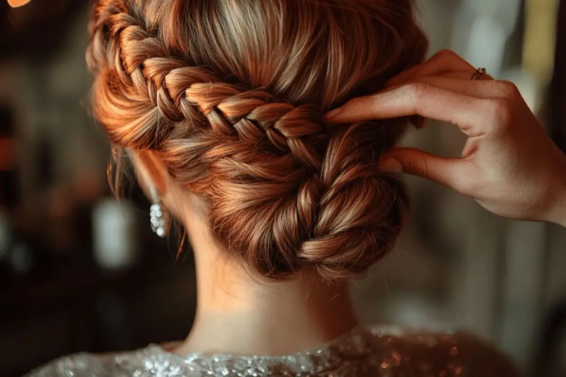 Un chignon haut avec tresse, une coiffure élégante et sophistiquée, orne la chevelure d'une femme. Une main ajuste délicatement la tresse.