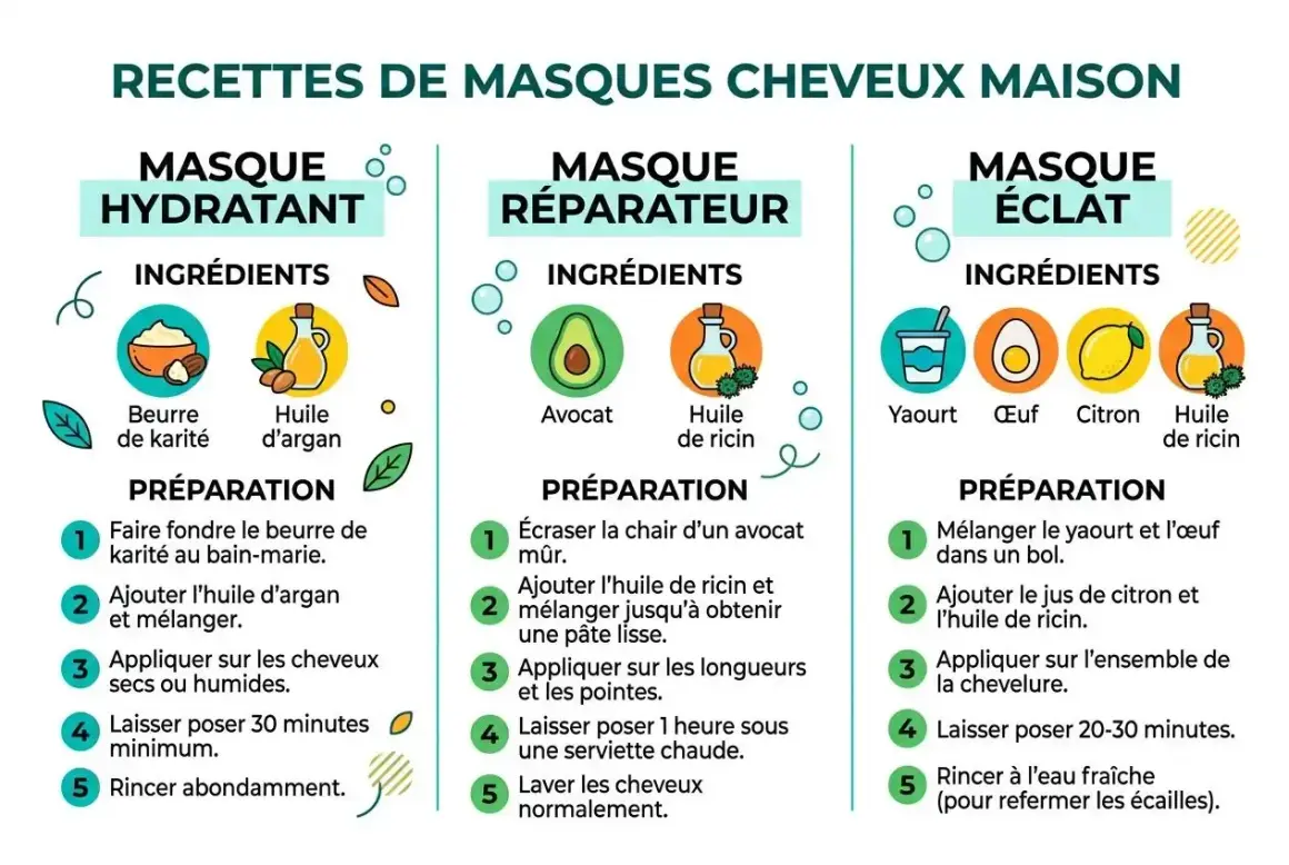 Recettes de masques cheveux maison : hydratant (beurre de karité, huile d'argan), réparateur (avocat, huile de ricin), éclat (yaourt, œuf, citron, huile de ricin).