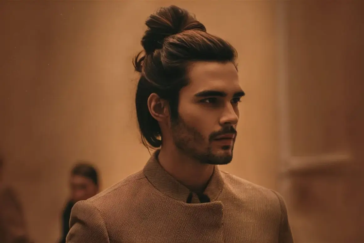 Un homme au chignon bas homme élégant, portant une veste texturée, pose avec assurance.