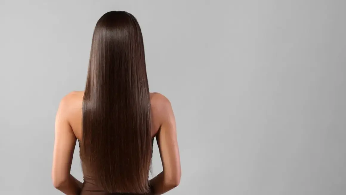 Vue arrière d'une femme aux longs cheveux bruns et brillants, résultat d'un brushing parfait.