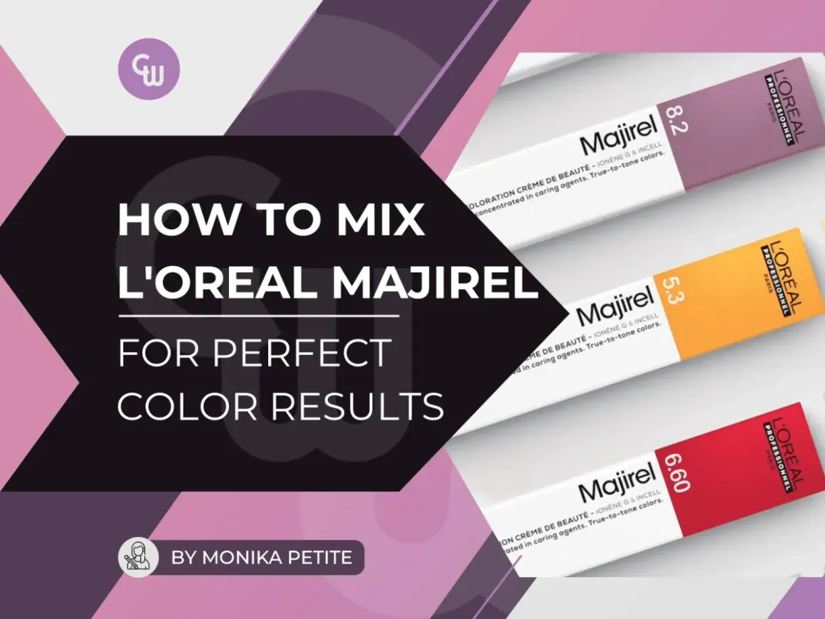 Apprenez le dosage couleur Majirel et oxydant pour des résultats parfaits. Trois tubes de coloration L'Oréal Majirel (8.2, 5.3, 6.60) sont visibles.