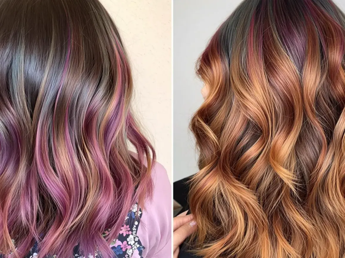 Chevelures ondulées aux reflets roses et cuivrés, une tendance meches cheveux audacieuse et vibrante.