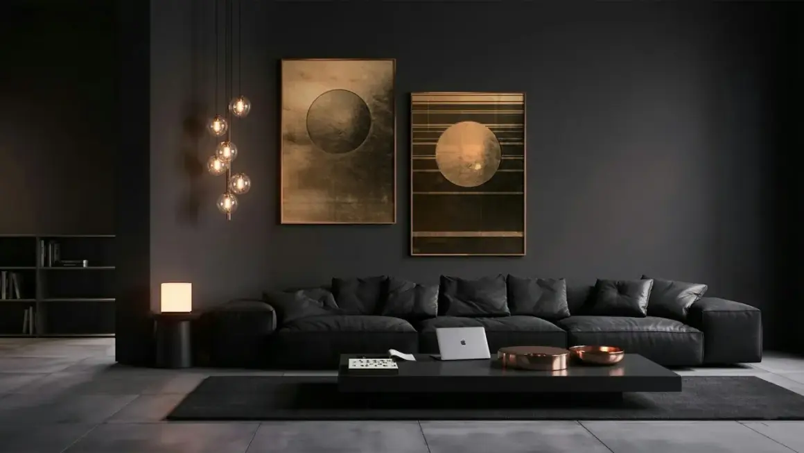 Salon moderne aux murs sombres, canapé noir, table basse avec un ordinateur portable et des objets cuivrés. L'ambiance évoque le désir de se teindre les cheveux en noir.
