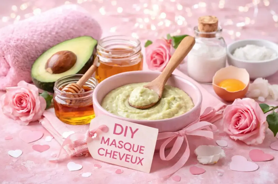 Un bol de masque cheveux maison à l'avocat et au miel, avec des roses roses et des cœurs.