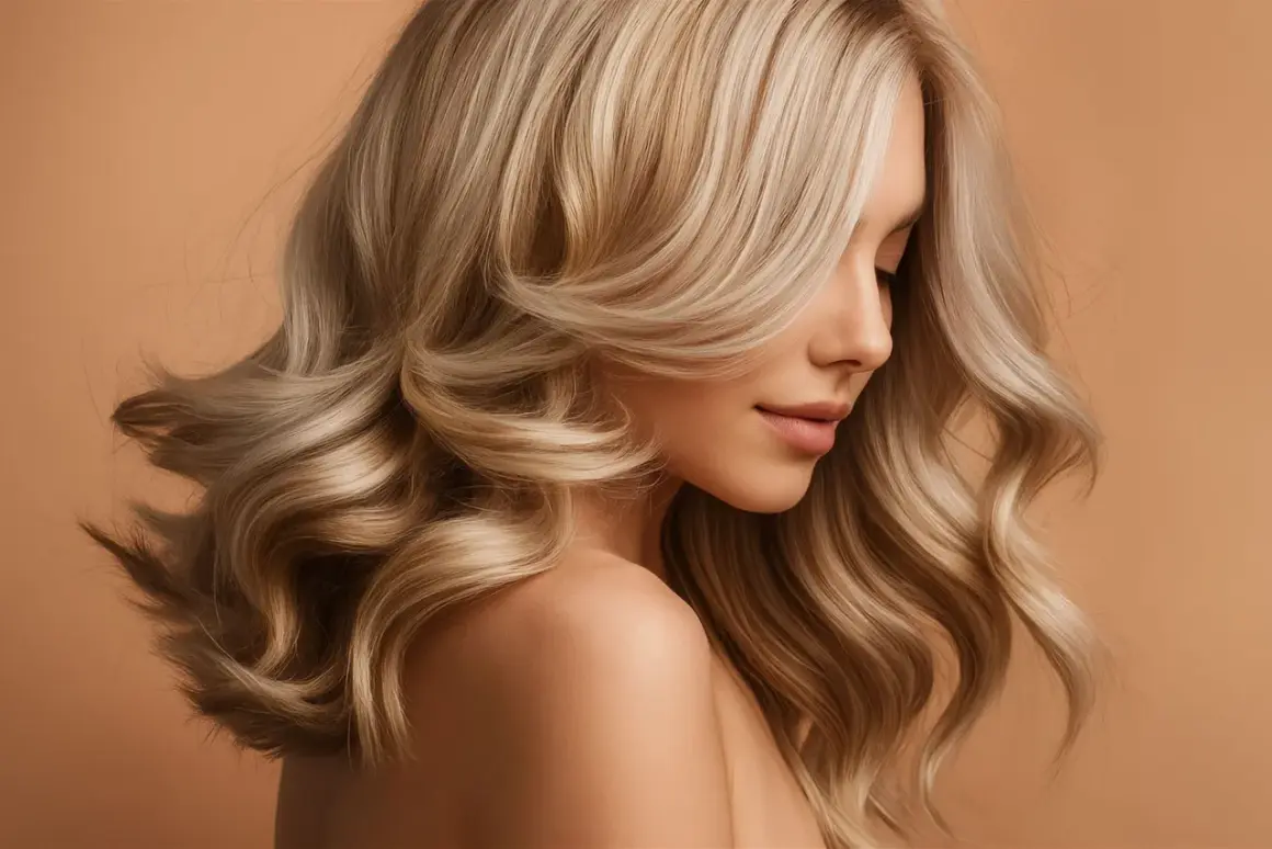 Une femme avec de magnifiques cheveux décolorés, ondulés et brillants, posant sur un fond beige.