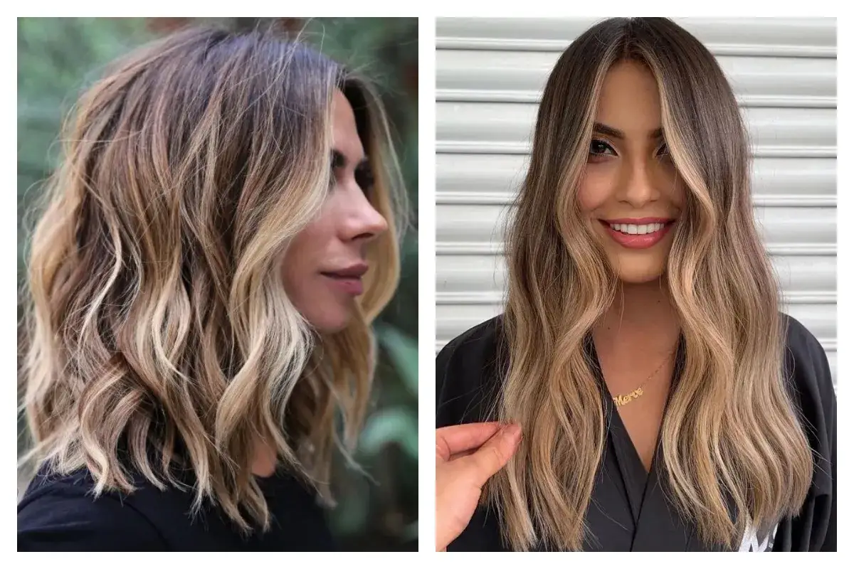Deux femmes arborent une coloration pointe cheveux ombrée, allant du brun au blond, avec des ondulations douces.