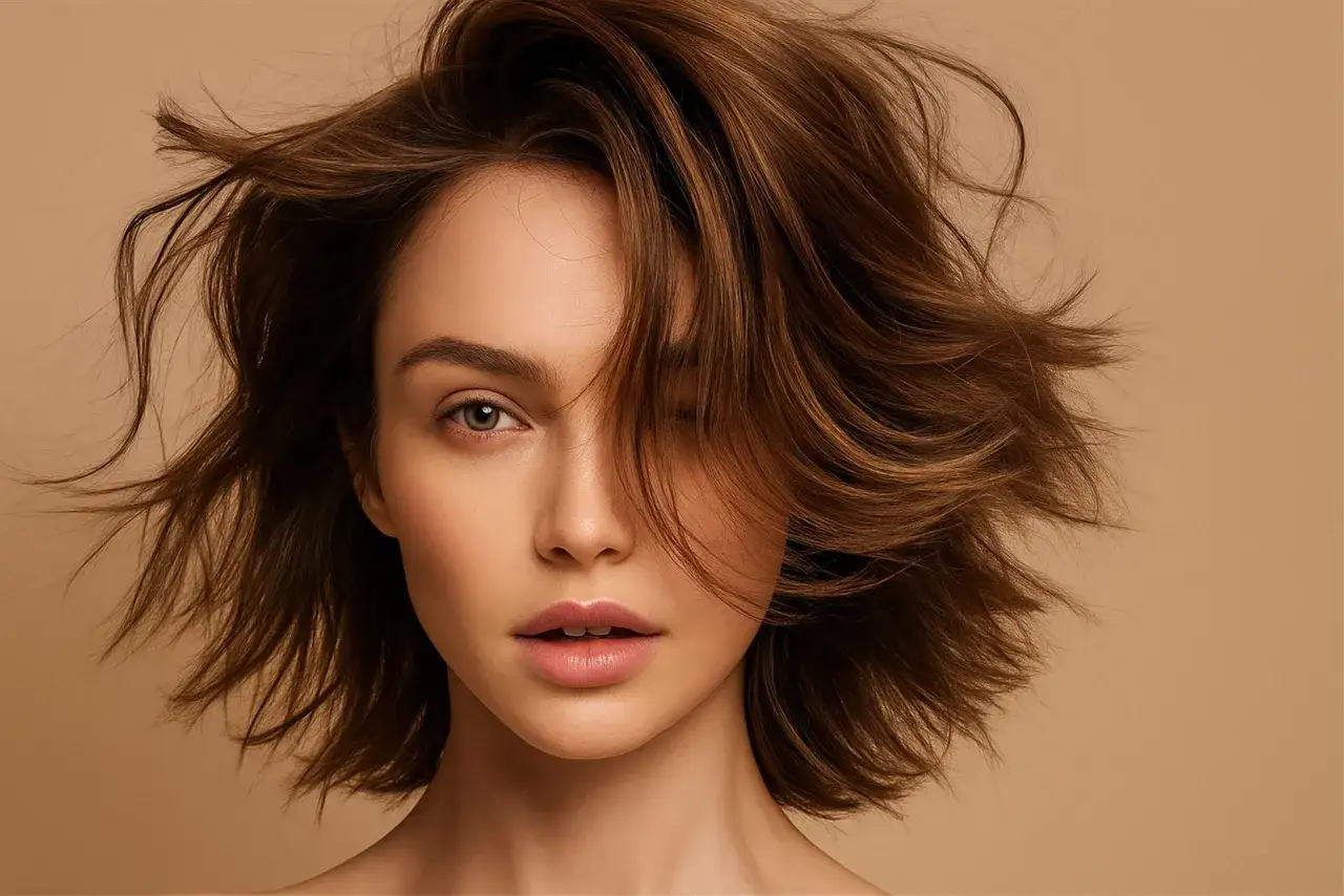 Une jeune femme aux cheveux ch&acirc;tains et fins, dont la chevelure bouge. D&eacute;couvrez comment hydrater ses cheveux fins pour un volume naturel.