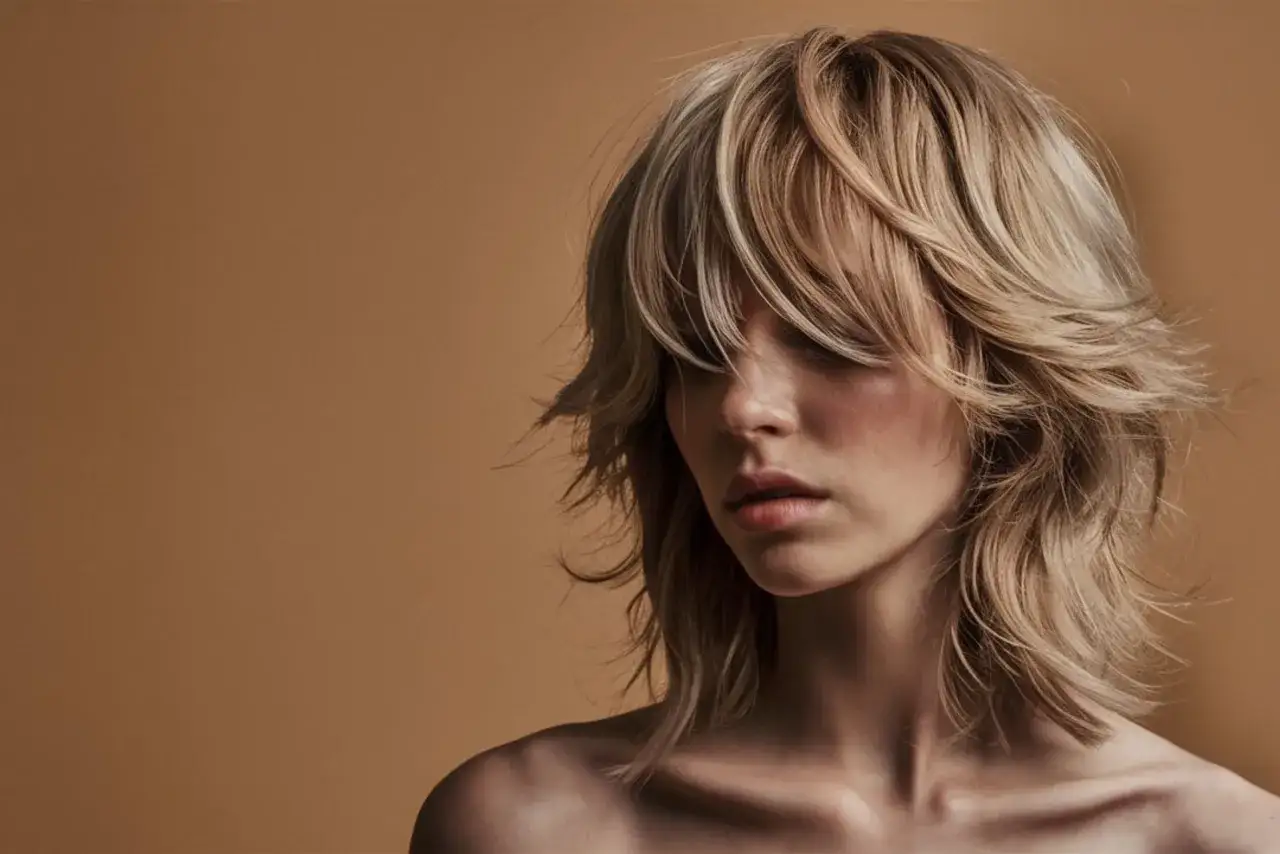 Une femme avec une coiffure année 90, dégradée et texturisée, aux reflets blonds et châtains, sur fond uni.