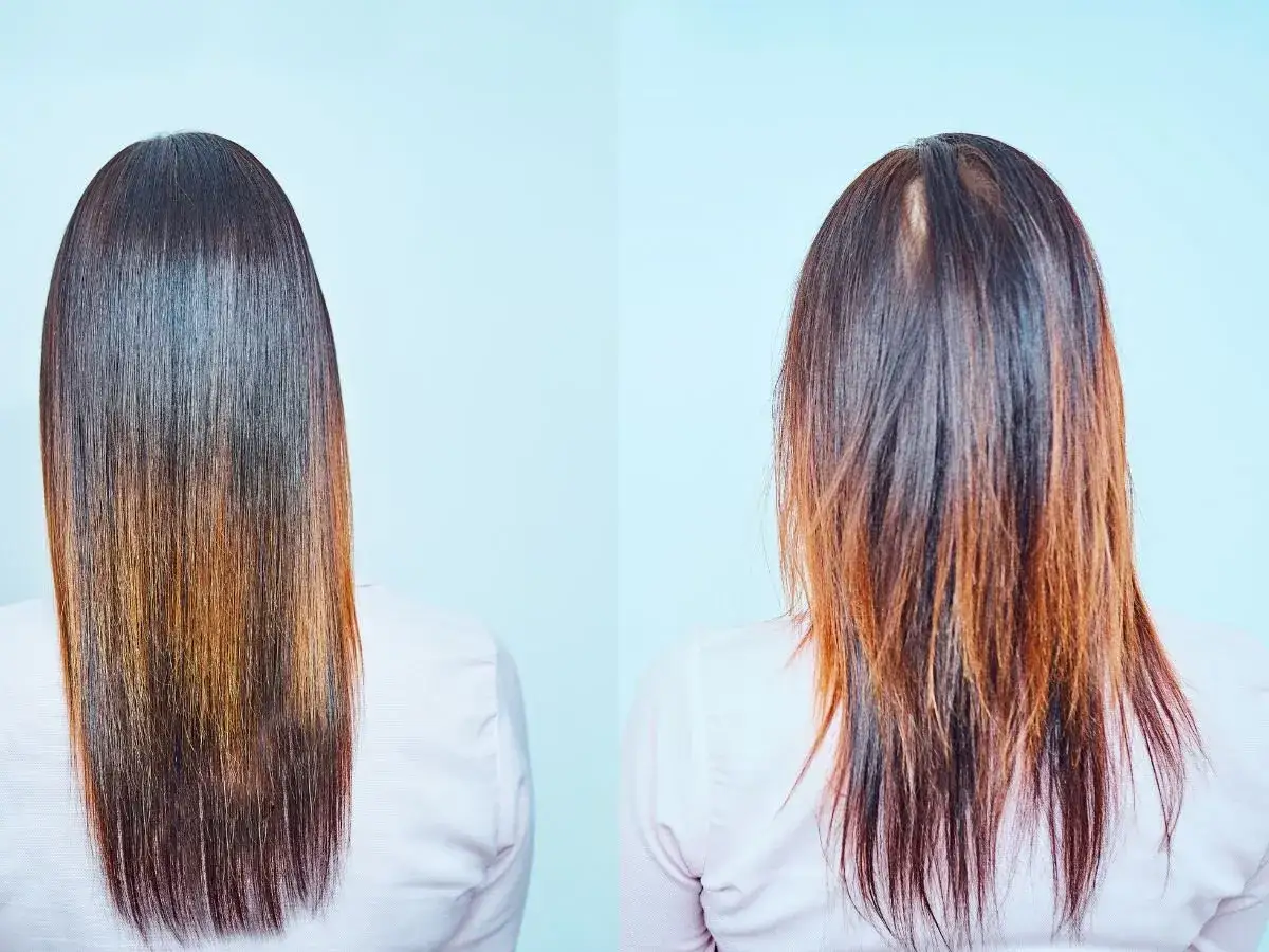 Avant/après : cheveux épais et brillants vs. cheveux clairsemés. Ce produit peut être utilisé sur dialight sur cheveux sec ou humide pour un volume visible.