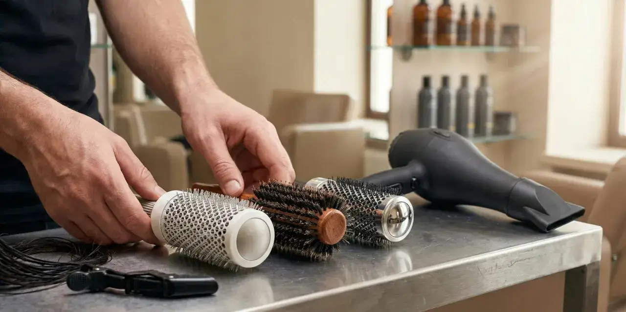 Un homme prépare le matériel pour le brushing de cheveux longs : brosses rondes, sèche-cheveux et pinces.