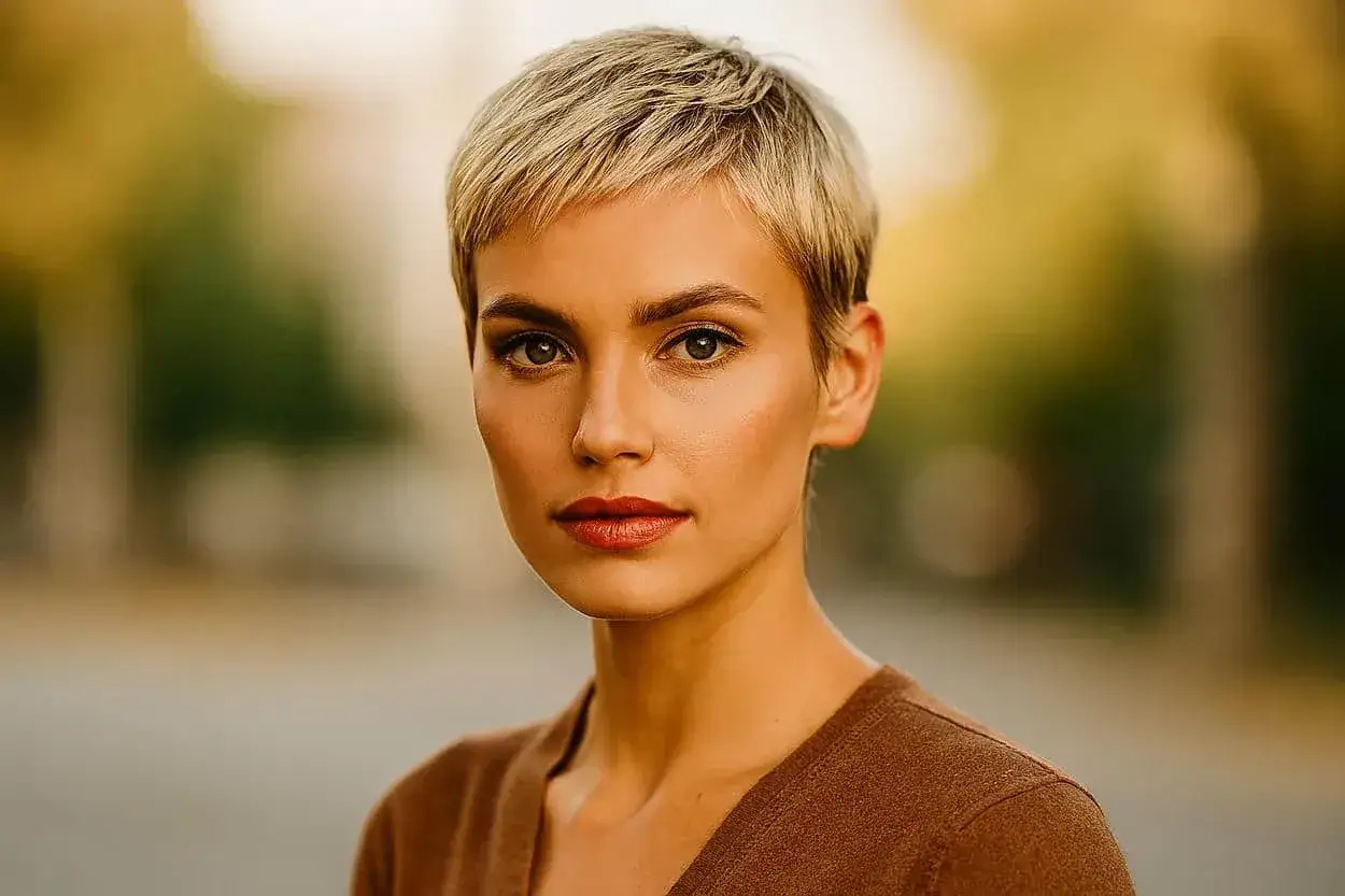 Une femme au regard intense arbore une coupe bixie blonde, sublim&eacute;e par un rouge &agrave; l&egrave;vres audacieux.