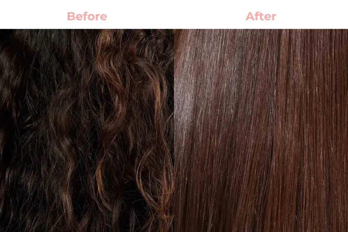 Cheveux bruns foncés et ondulés avant, et cheveux châtain clair et lisses après. Un résultat impressionnant pour éclaircir cheveux.