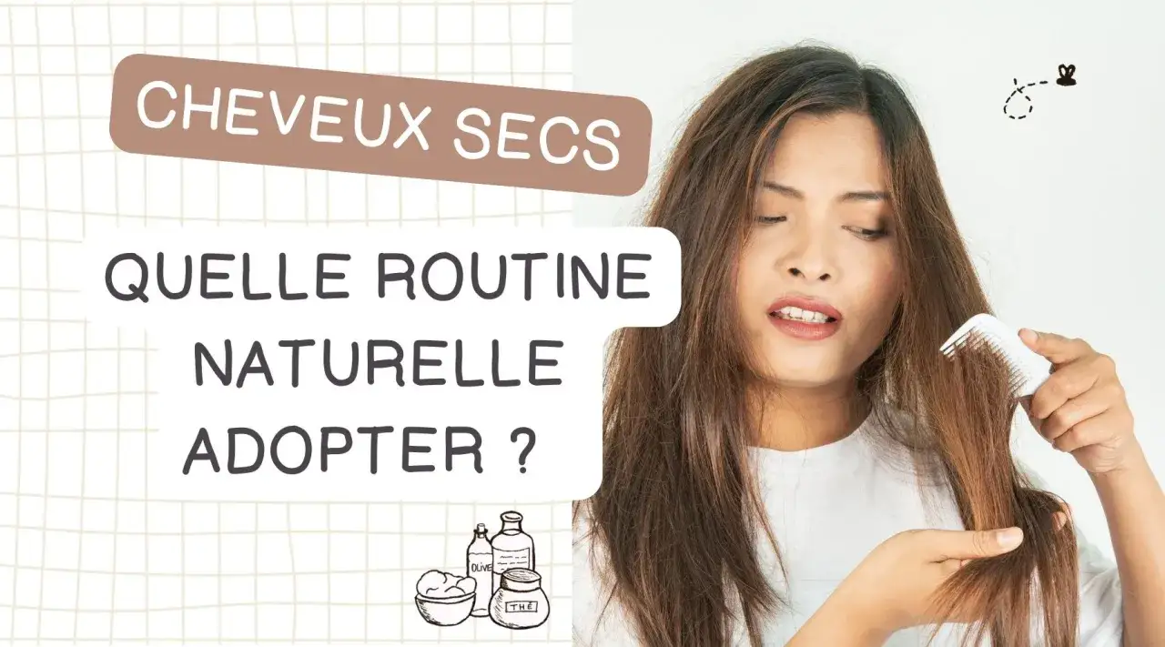 Une femme se brosse les cheveux secs, cherchant une routine naturelle. Des produits de soin sont dessinés à côté.