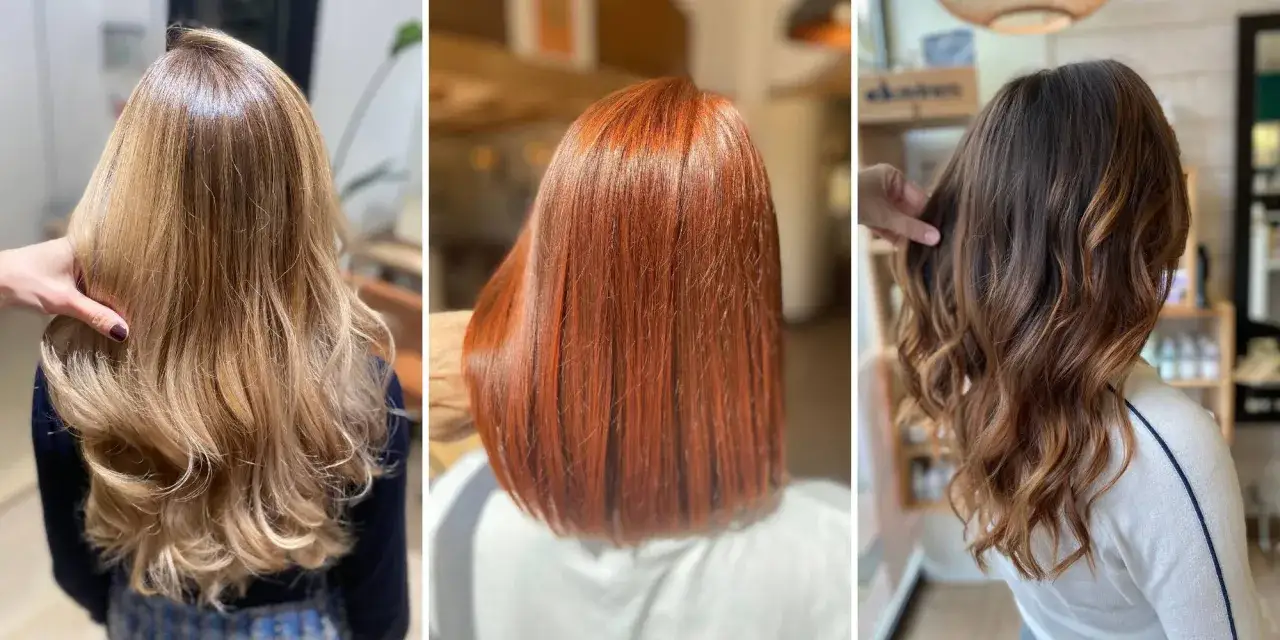 Trois femmes affichent des styles de cheveux variés : blond ondulé, roux lisse et brun avec des reflets. La couleur cheveux femme est mise en valeur.