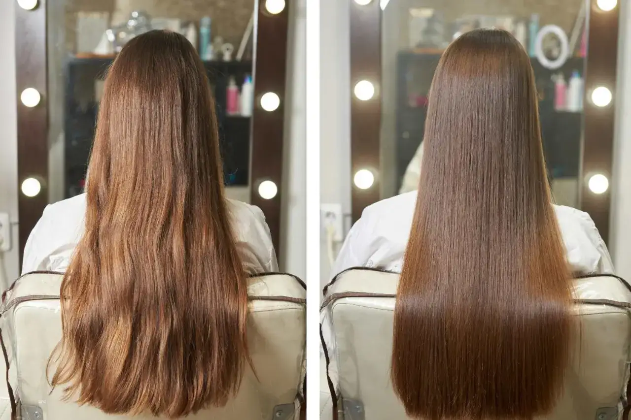 Avant/apr&egrave;s : cheveux ondul&eacute;s et secs transform&eacute;s en une chevelure lisse et brillante gr&acirc;ce &agrave; un soin botox cheveux.