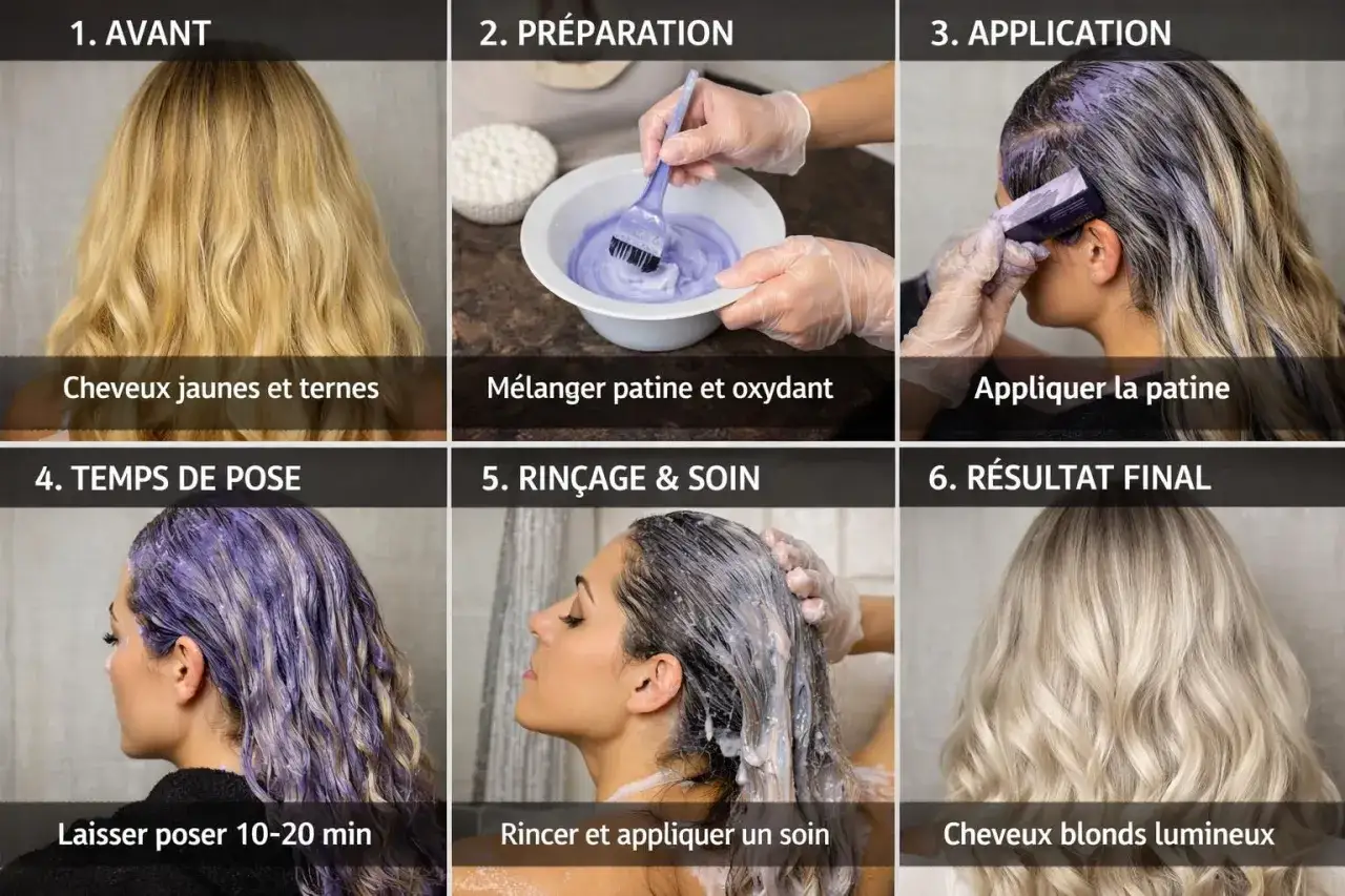 Étapes pour comment enlever une patine cheveux : avant, préparation, application, temps de pose, rinçage et soin, résultat final. Cheveux blonds lumineux.