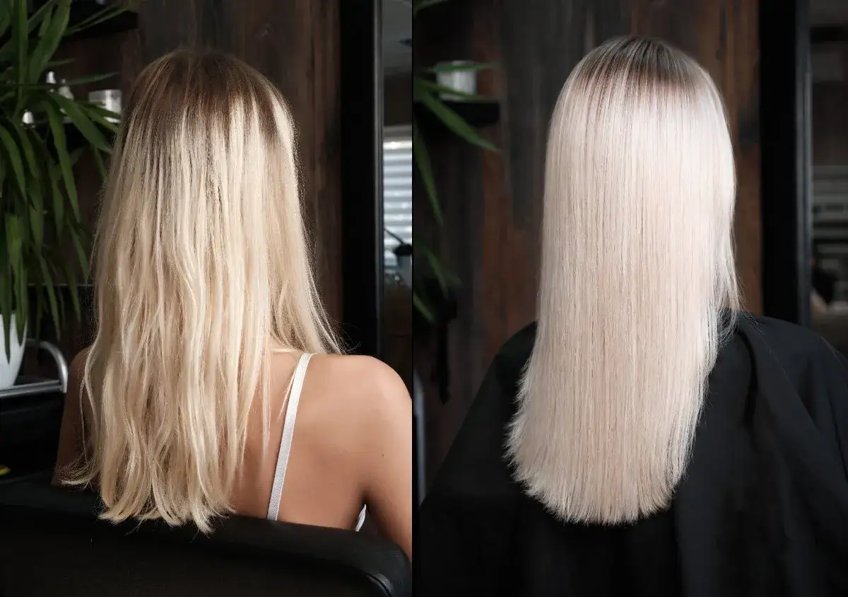 Avant/après : transformation d'une chevelure, passant du roux au blond cendré, lisse et éclatant.