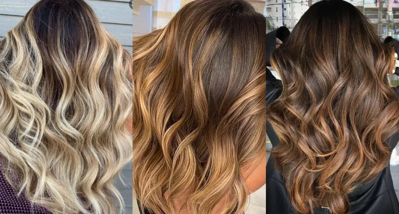 Trois chevelures ondulées aux mèches 2 couleurs différentes : blond platine, brun doré et chocolat.