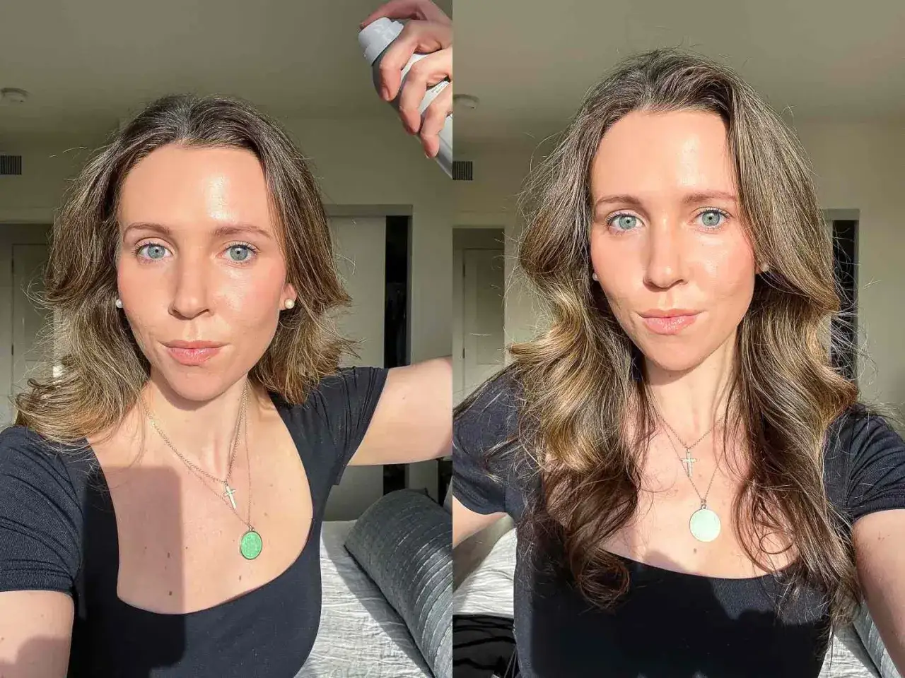Avant/apr&egrave;s : une femme applique un spray sur ses cheveux fins et frisottis pour leur donner du volume et de la brillance.