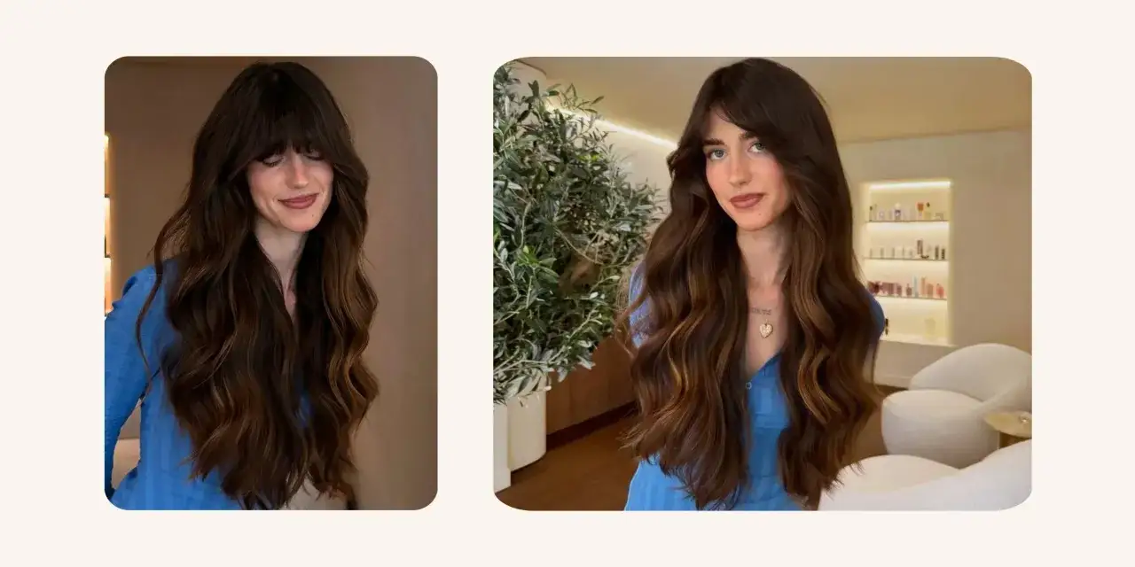 Une femme aux longs cheveux bruns ondul&eacute;s, avec une frange subtile. La clarification cheveux met en valeur ses reflets chauds et sa brillance.