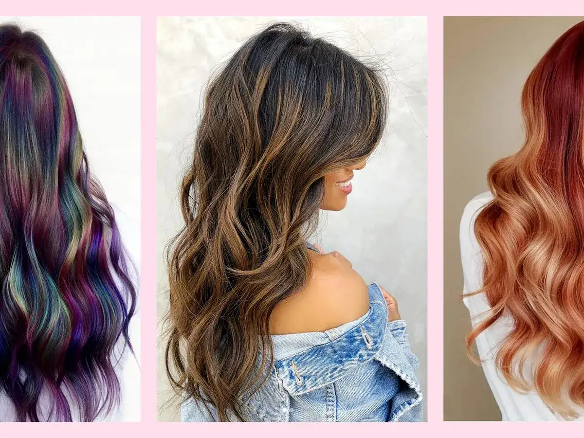 Trois styles de cheveux : m&egrave;ches arc-en-ciel, brun ondul&eacute; avec reflets, et ombr&eacute; cuivr&eacute;. La tendance des m&egrave;ches cheveux est bien repr&eacute;sent&eacute;e.