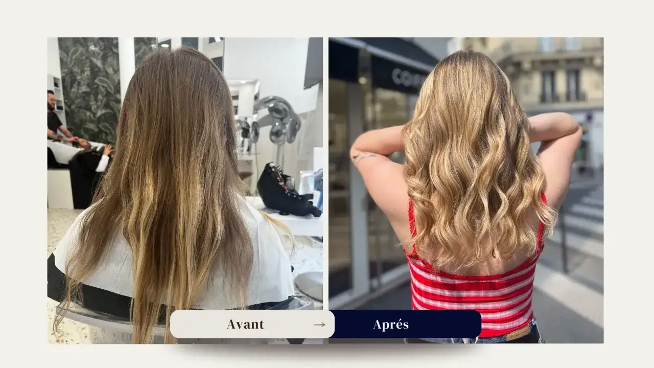 Avant/Après : des cheveux bruns délavés transformés en une chevelure blonde éclatante grâce à une patine éclaircissante.