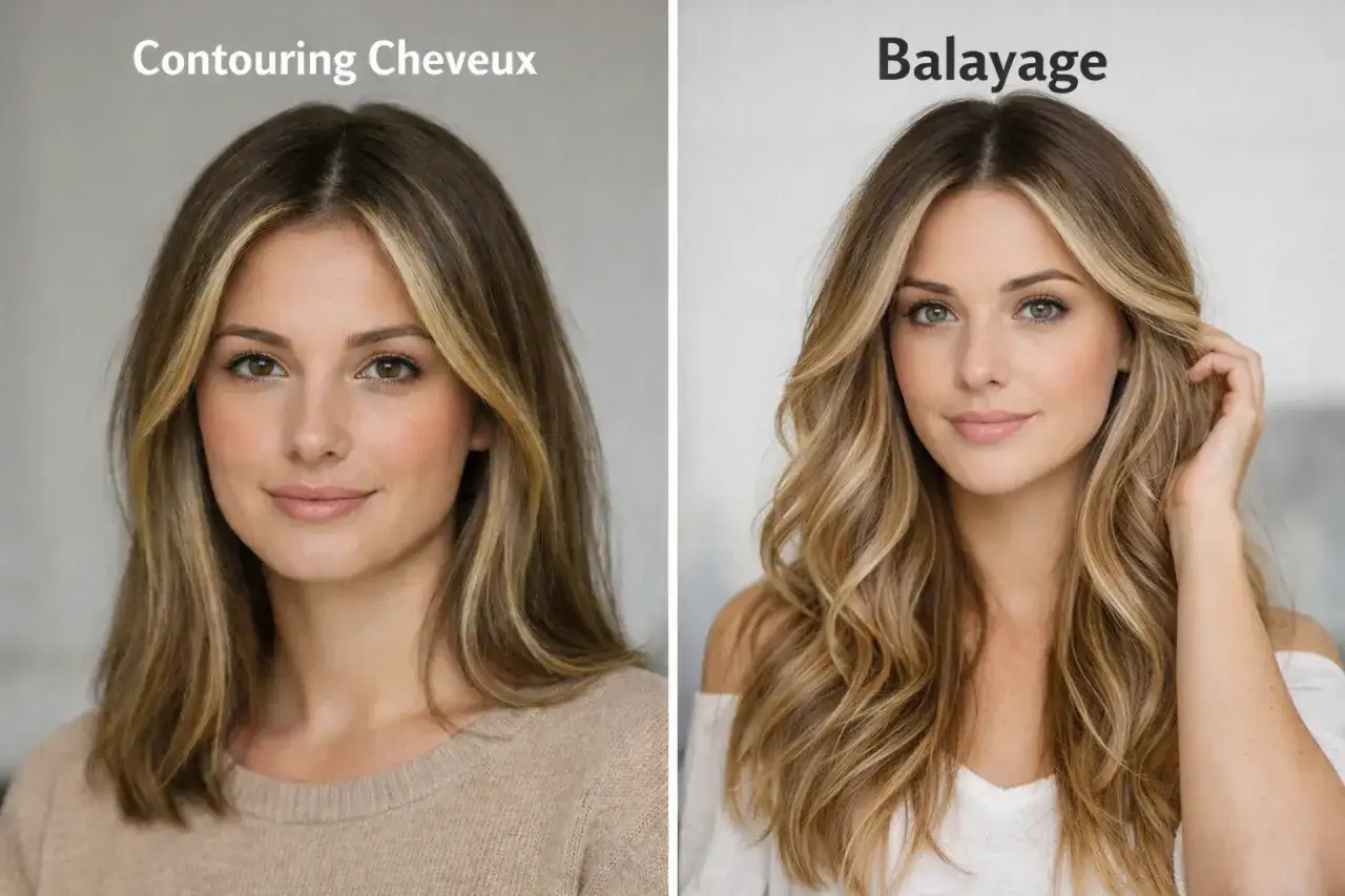 Comparaison de deux techniques de coloration : le contouring cheveux, plus subtil, et le balayage, plus lumineux et wavy.