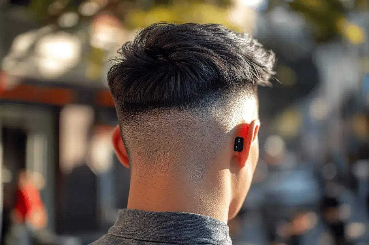 Un homme aux cheveux courts, avec une coupe d&eacute;grad&eacute;e, porte un &eacute;couteur noir dans son oreille.