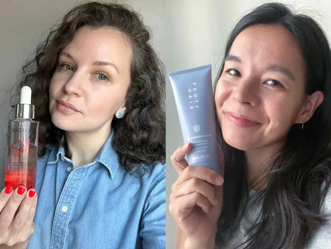 Deux femmes souriantes pr&eacute;sentent des produits capillaires. L'une tient un s&eacute;rum, l'autre un soin, pour lutter contre les cheveux cassants et la carence.
