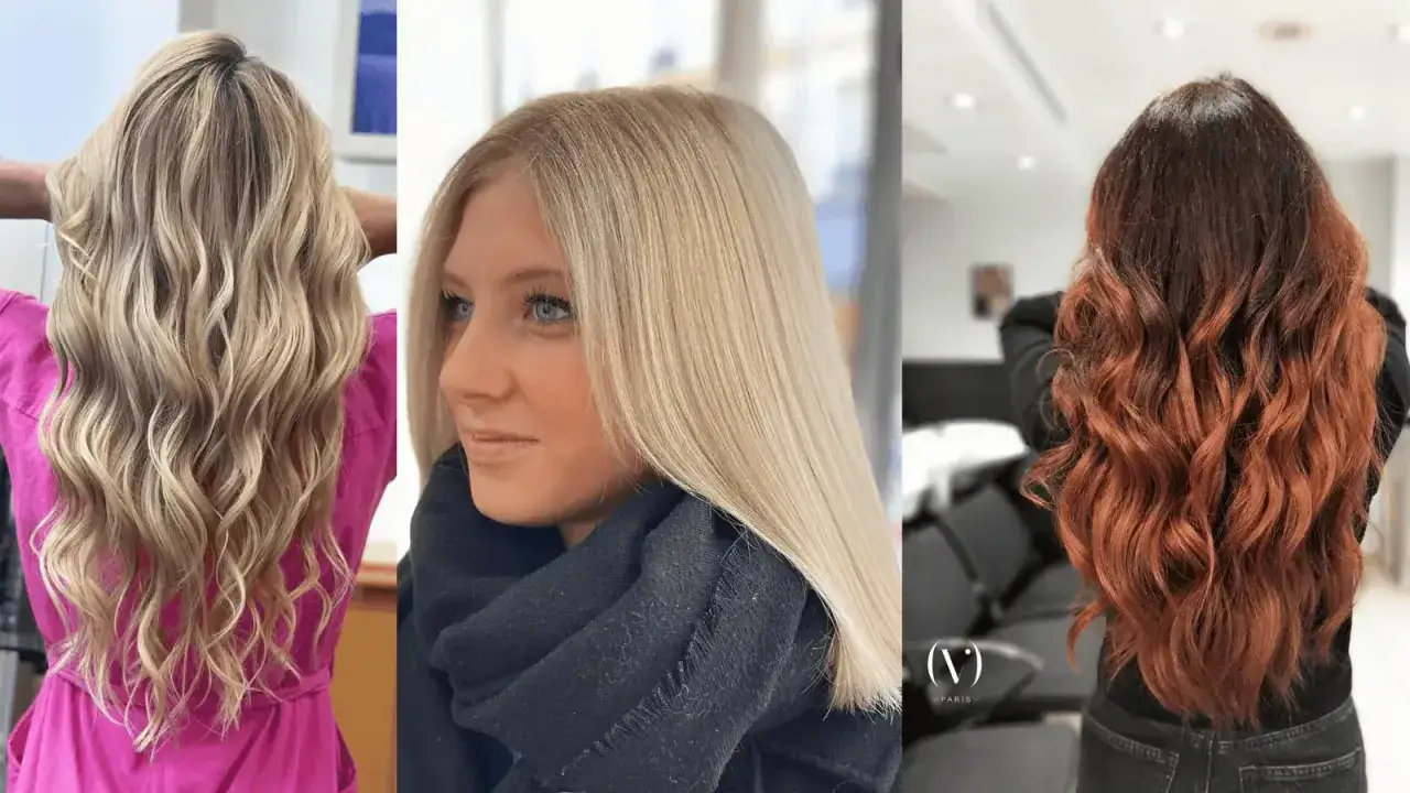Trois femmes aux cheveux magnifiques : blond ondulé, blond lisse et châtain dégradé cuivré. Un résultat digne de Diacolor ou Inoa.