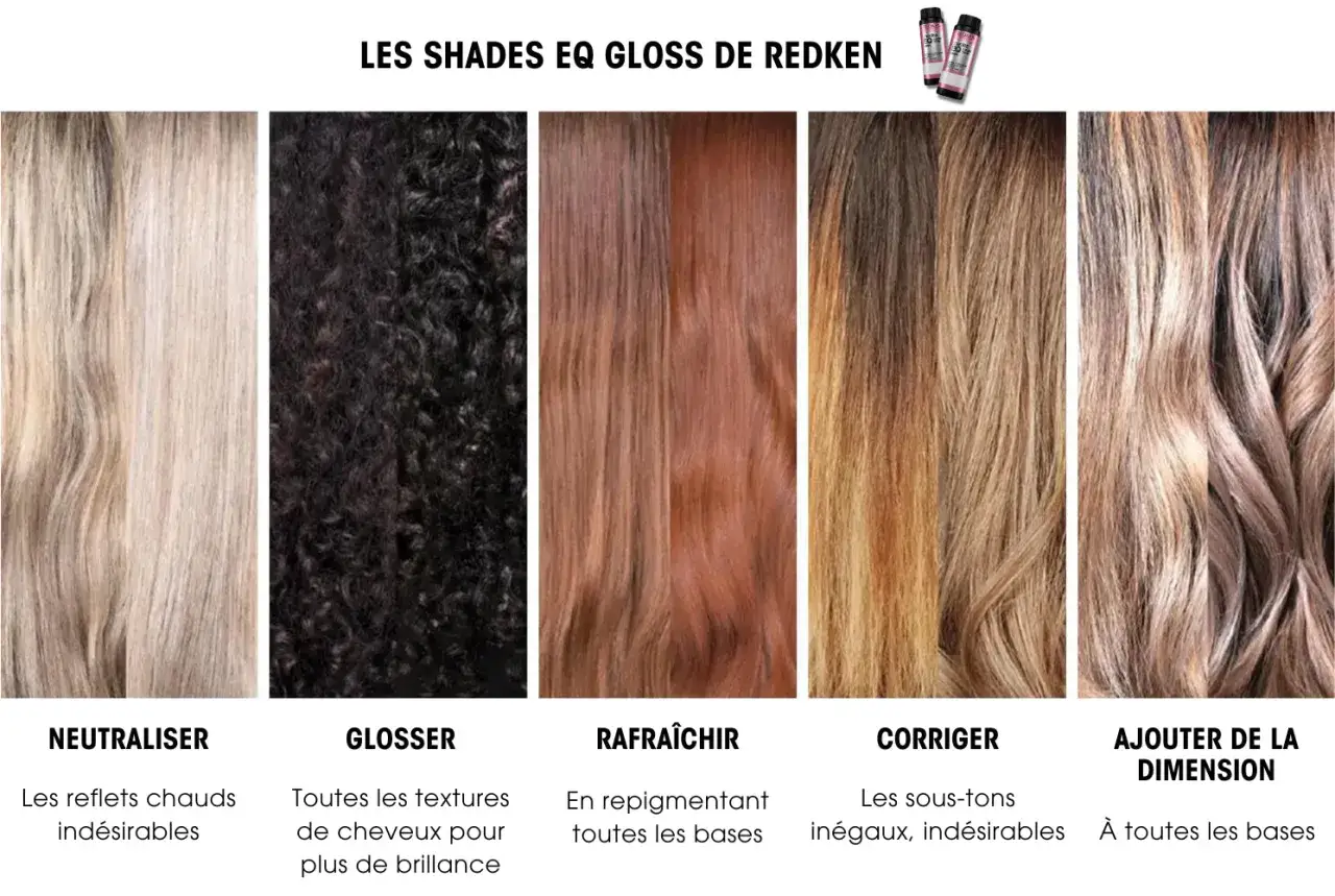 Cinq échantillons de cheveux aux teintes variées, du blond clair au brun foncé, illustrant les effets des colorations Redken Shades EQ. La hauteur de ton de vos cheveux peut être transformée.