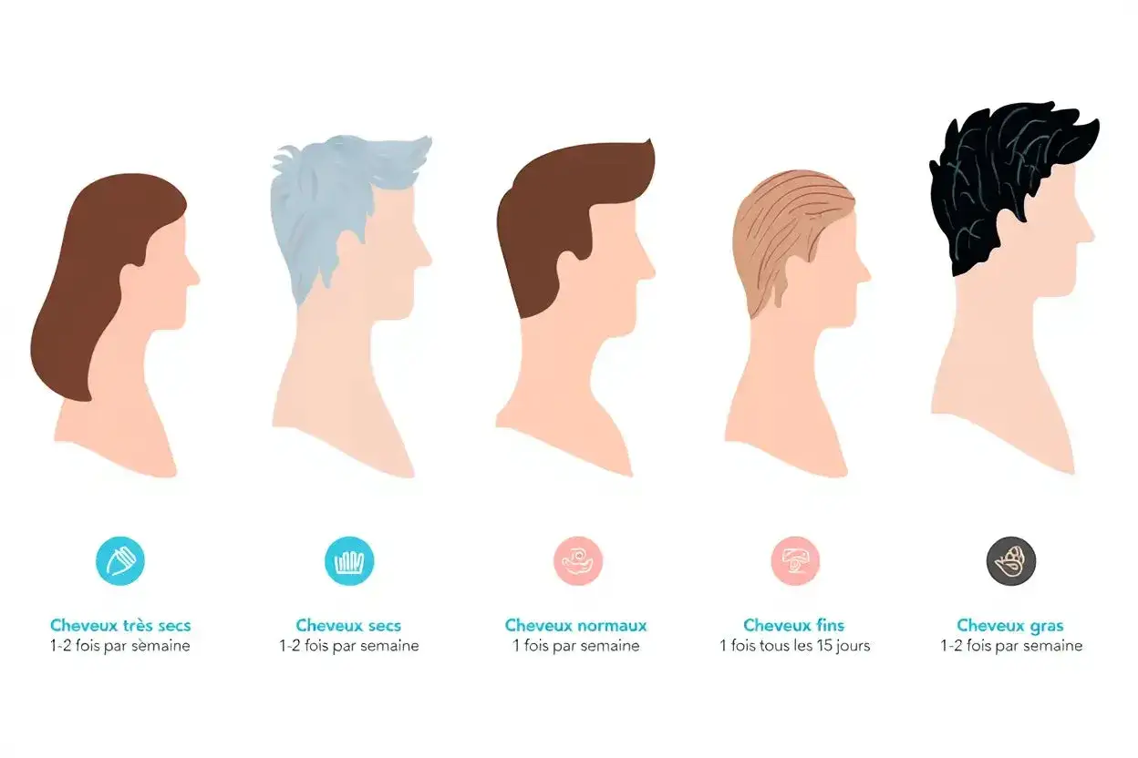 Cinq profils capillaires illustrent la fréquence idéale d'application d'un masque cheveux : secs, normaux, gras, très secs et fins.