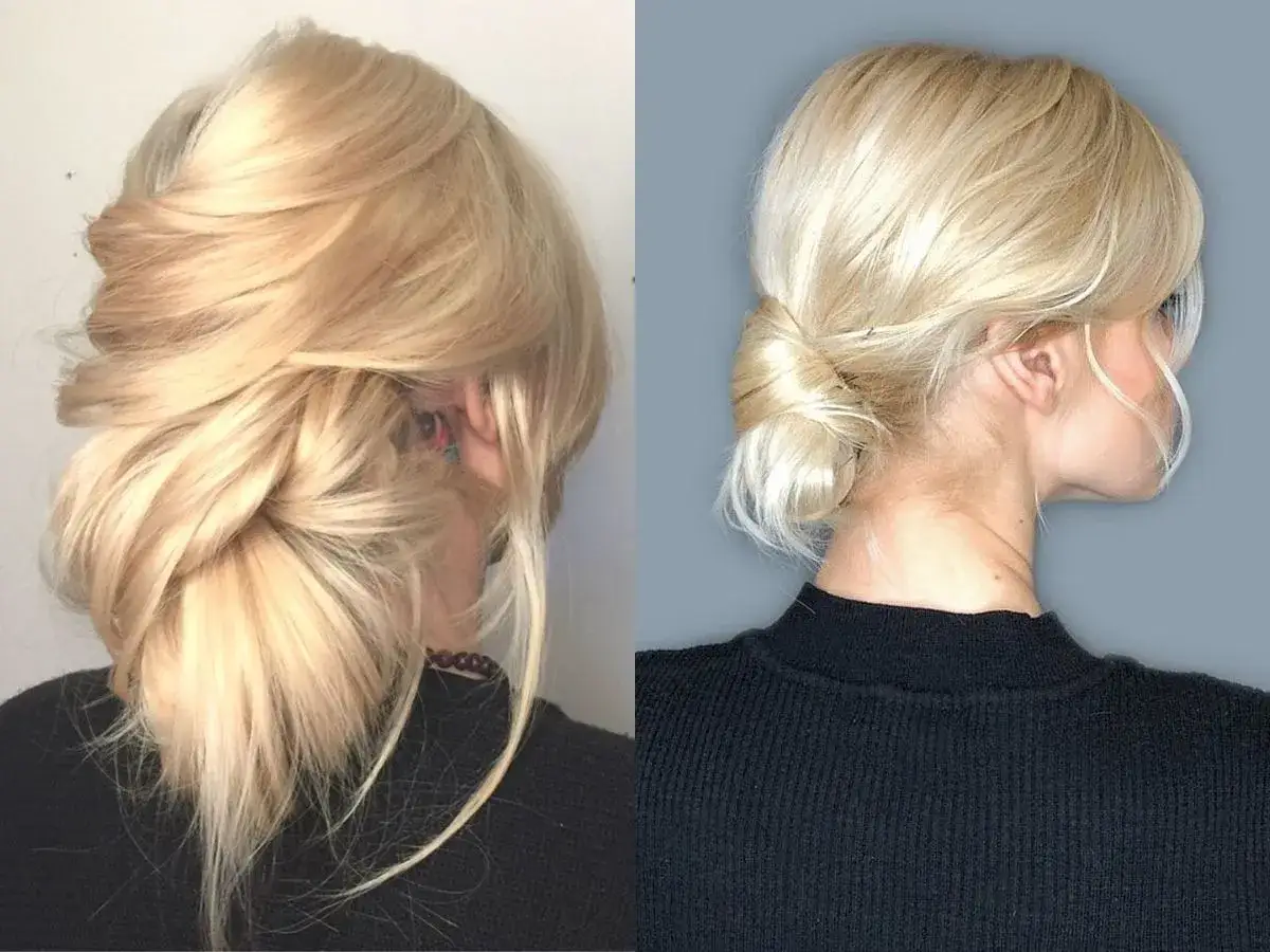 Chignon banane moderne blond, vu de dos et de profil.