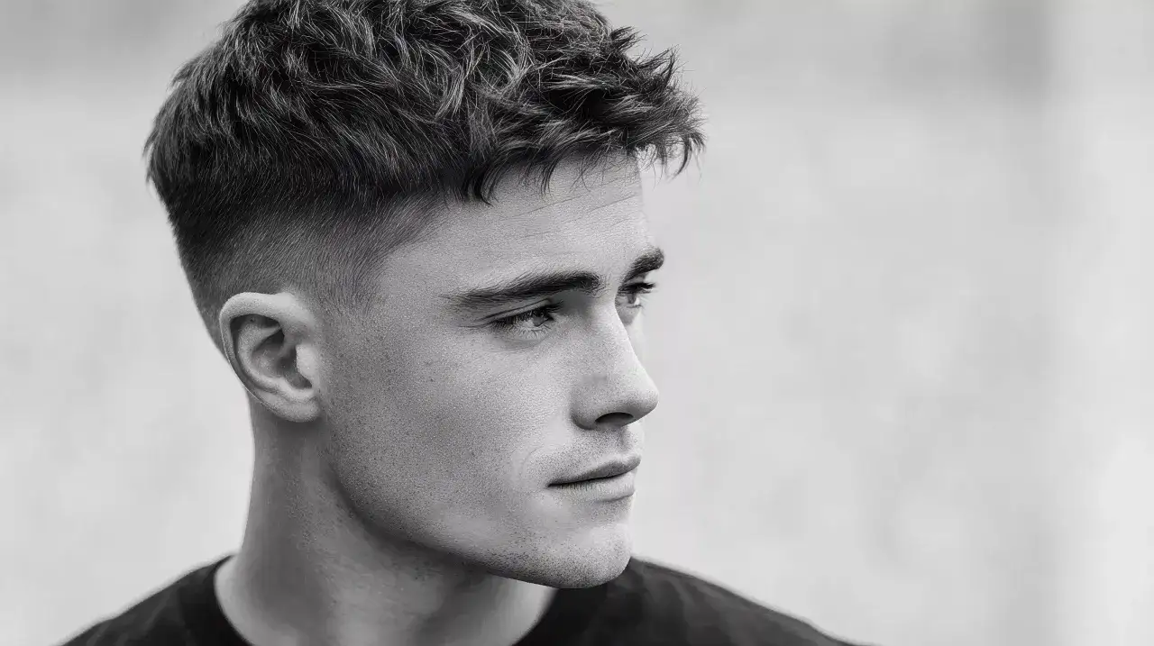 Un jeune homme au regard intense arbore une coupe pompadour moderne avec des c&ocirc;t&eacute;s d&eacute;grad&eacute;s.