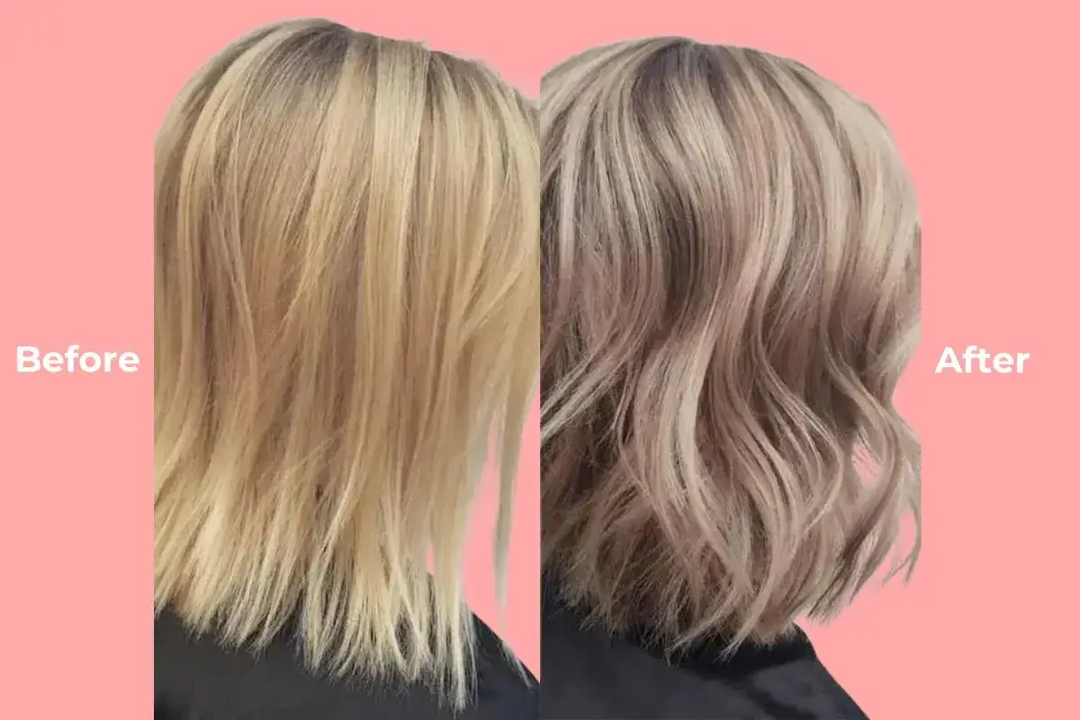 Avant/après : des cheveux blonds délavés transformés en une chevelure aux reflets rosés subtils, une patine sans révélateur pour un look naturel et lumineux.