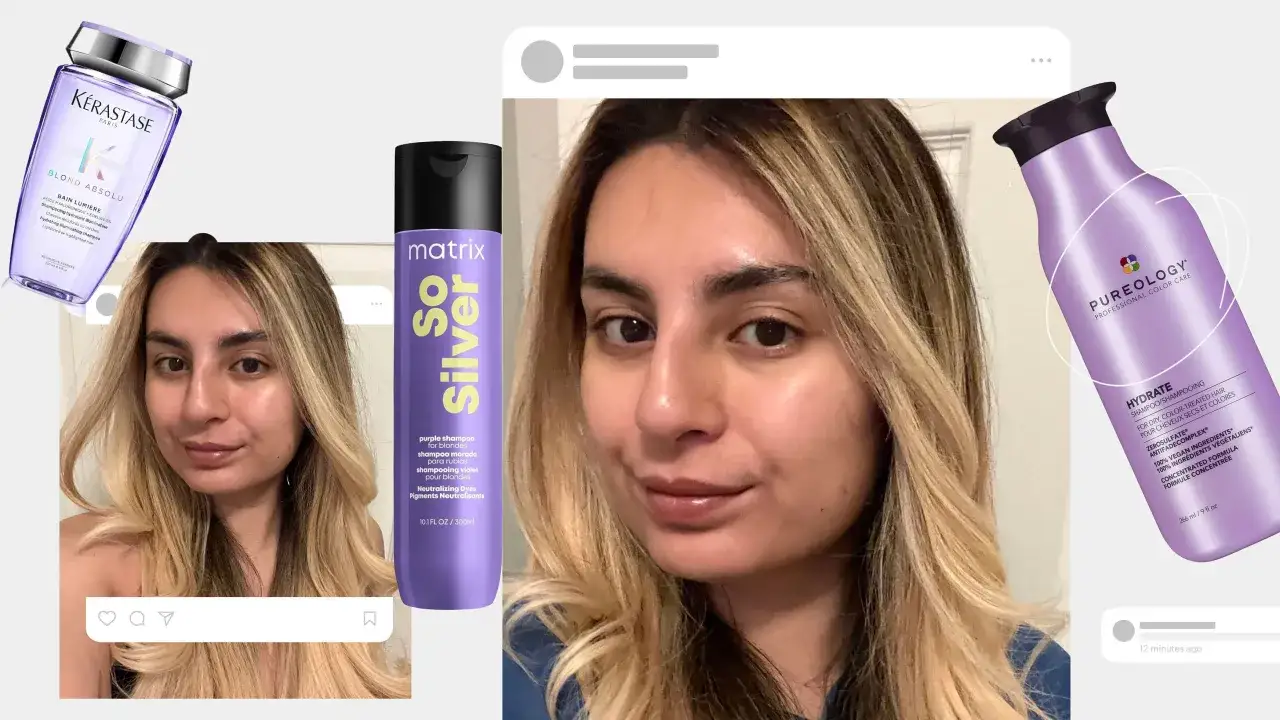 Avant/après : une femme aux cheveux blonds utilise un shampoing violet pour raviver sa couleur.