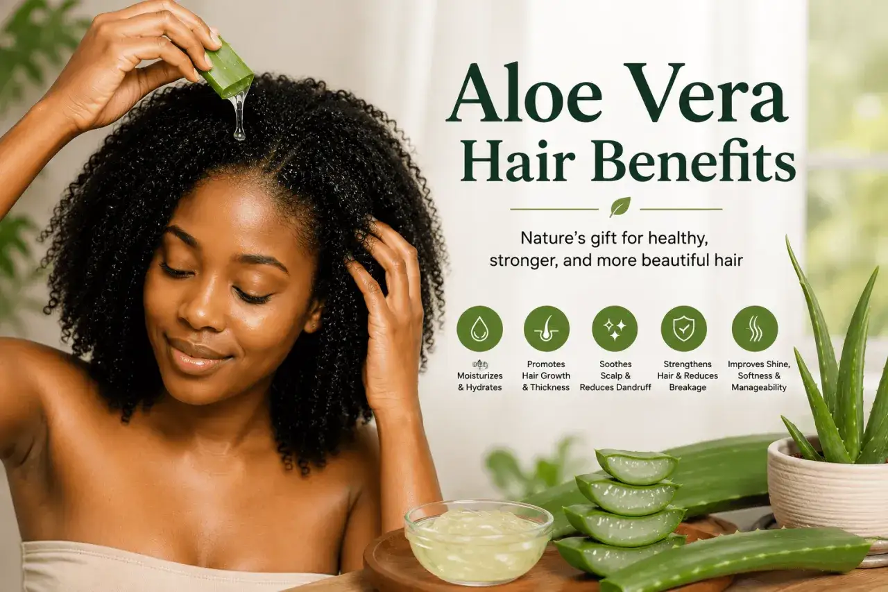 Une femme applique du gel aloe vera cheveux, bénéfique pour hydrater, fortifier et faire pousser les cheveux.