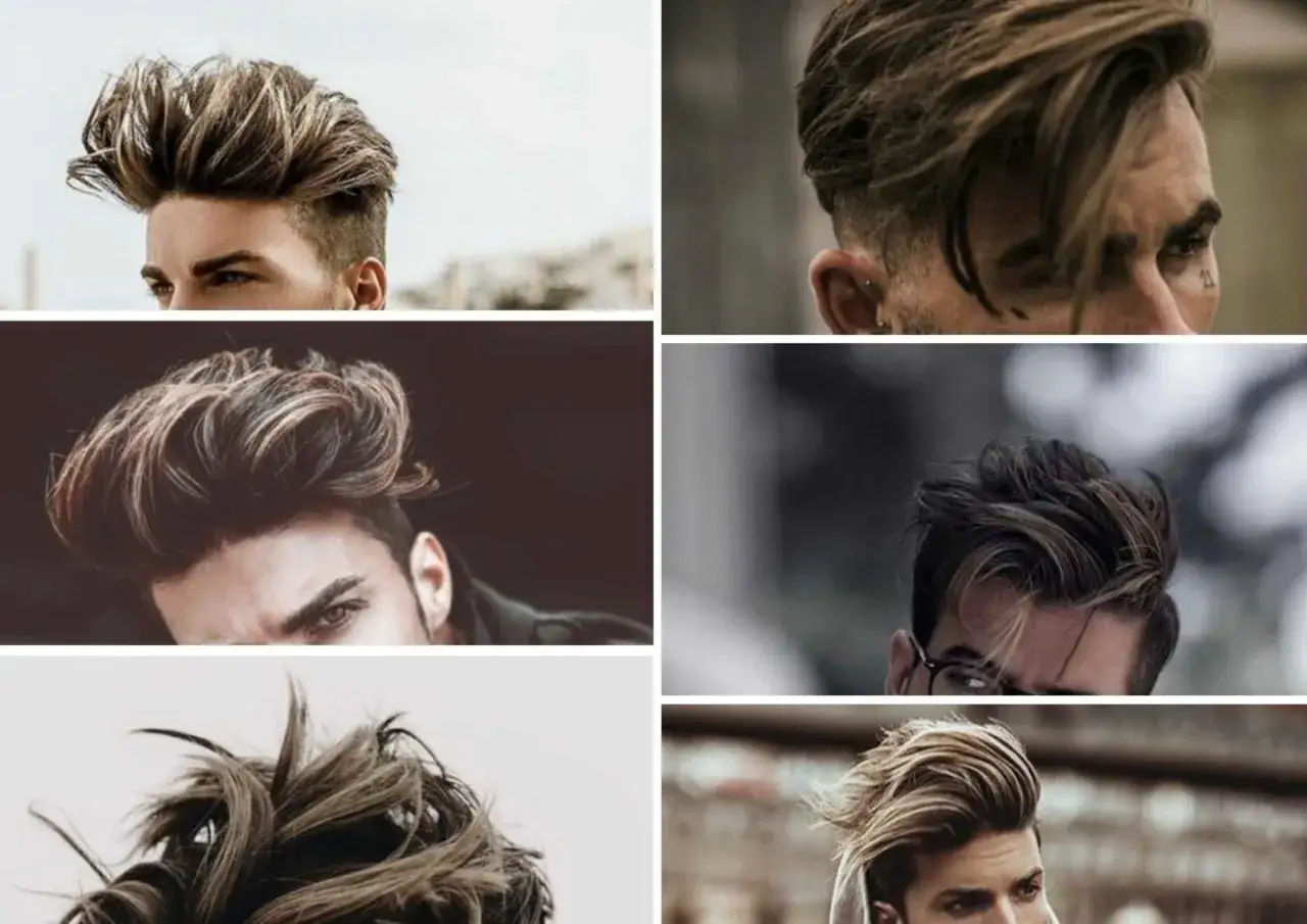 Six hommes arborent des coiffures modernes avec des m&egrave;ches blondes et brunes, un balayage homme styl&eacute; pour un look tendance.