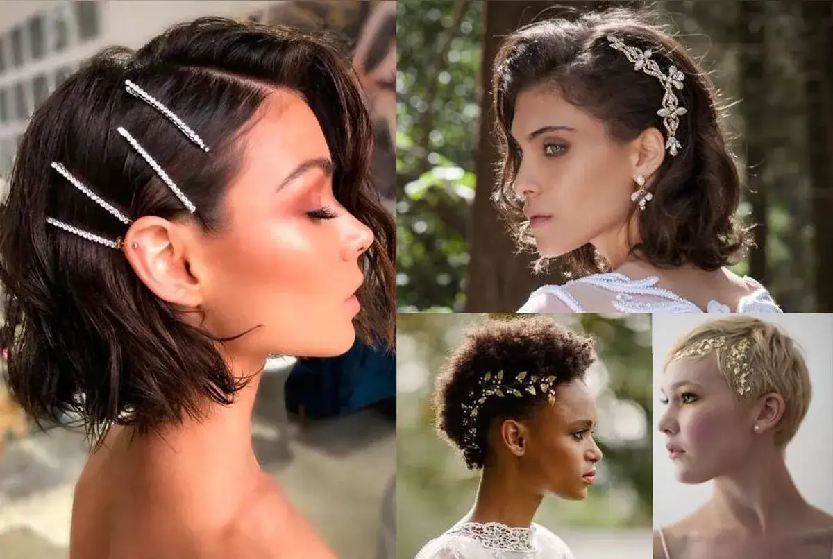 Coiffure mariage cheveux carré : épingles scintillantes, diadème fleuri, bijou végétal, feuilles d'or. Idées pour un look de mariée moderne.