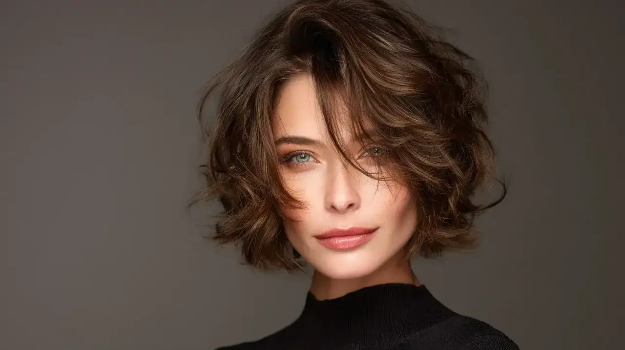 Une femme au regard captivant, ses cheveux ch&acirc;tains ondul&eacute;s semblent avoir trouv&eacute; la solution pour comment &eacute;paissir cheveux, leur donnant volume et mouvement.